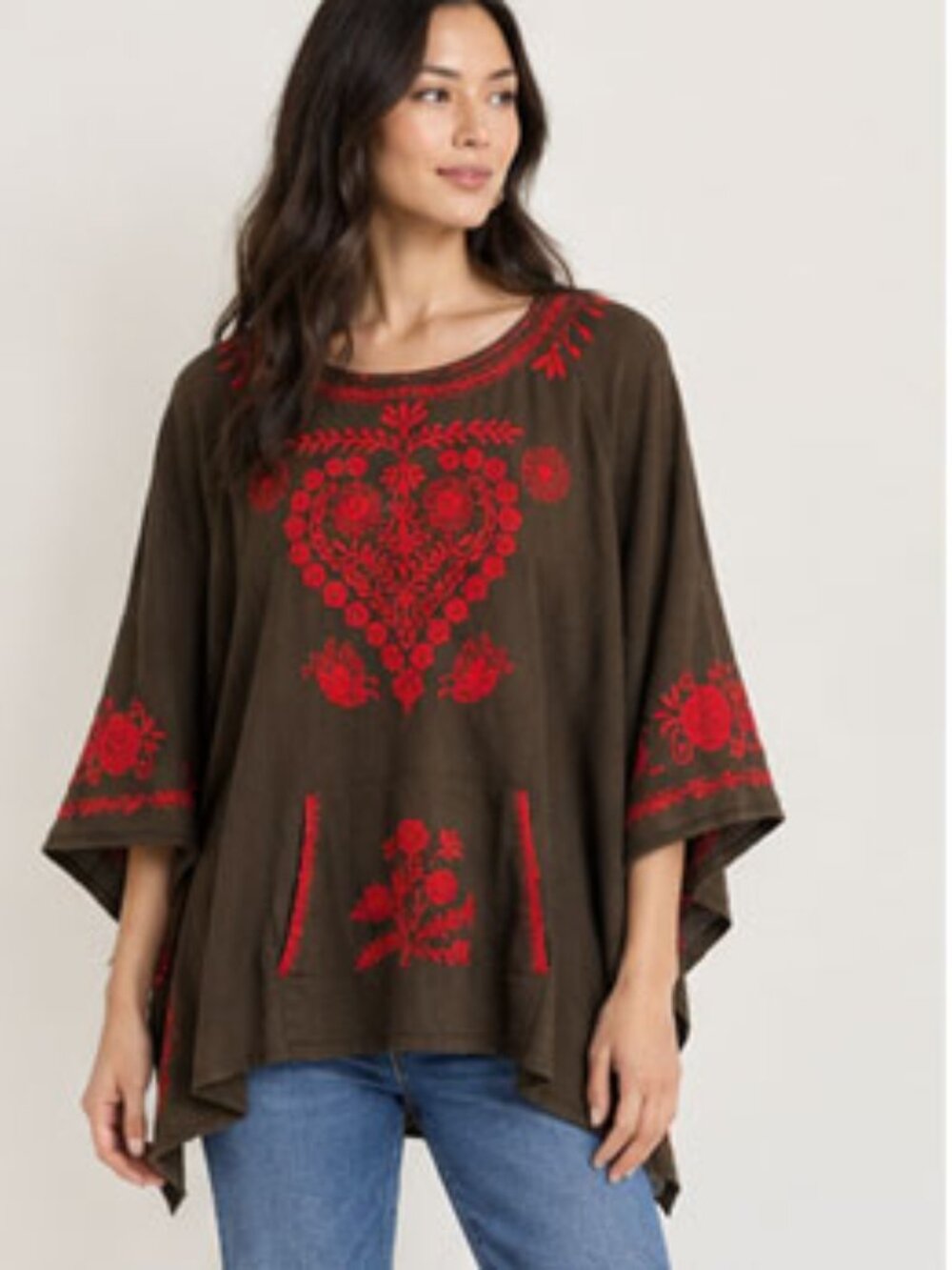 Johnny Was Poncho Blous Red Floral Thick Knit